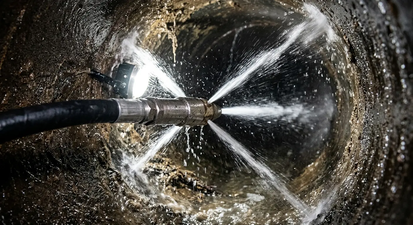 High-pressure hydro jetting nozzle cleaning sewer pipe for Sewer Line Relining in Fruita