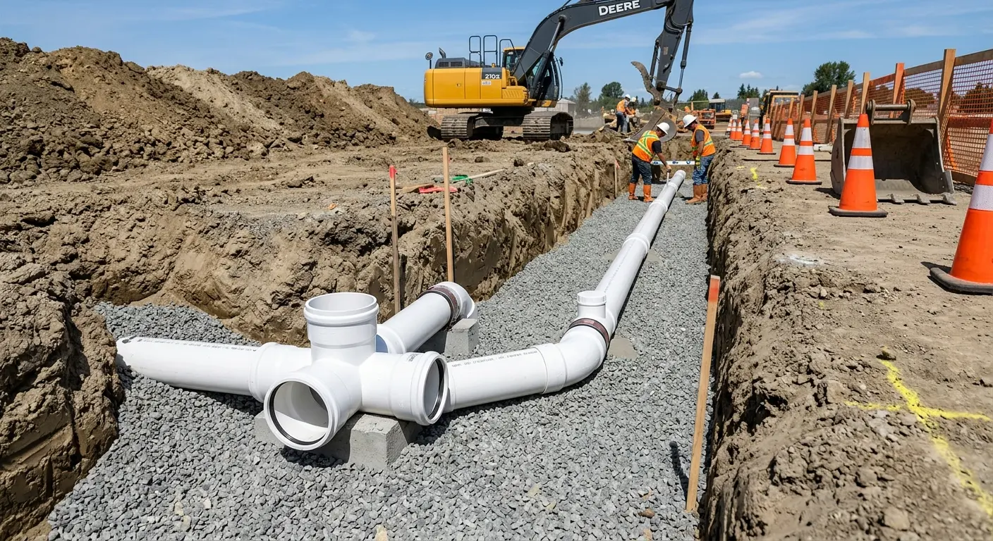 New PVC sewer pipe installation in open trench for Commercial Drain Cleaning in Fruita