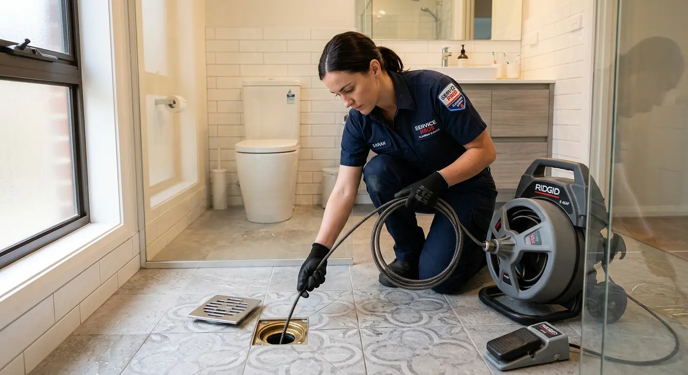 Technician clearing a bathroom floor drain for Clogged Drain Repair in Fruita